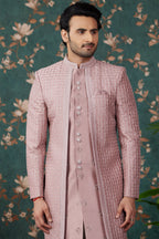 Pink Art Silk Traditional Sherwani Long Kurta & Pant for Men for Wedding - Embroidery Work, Bead Work