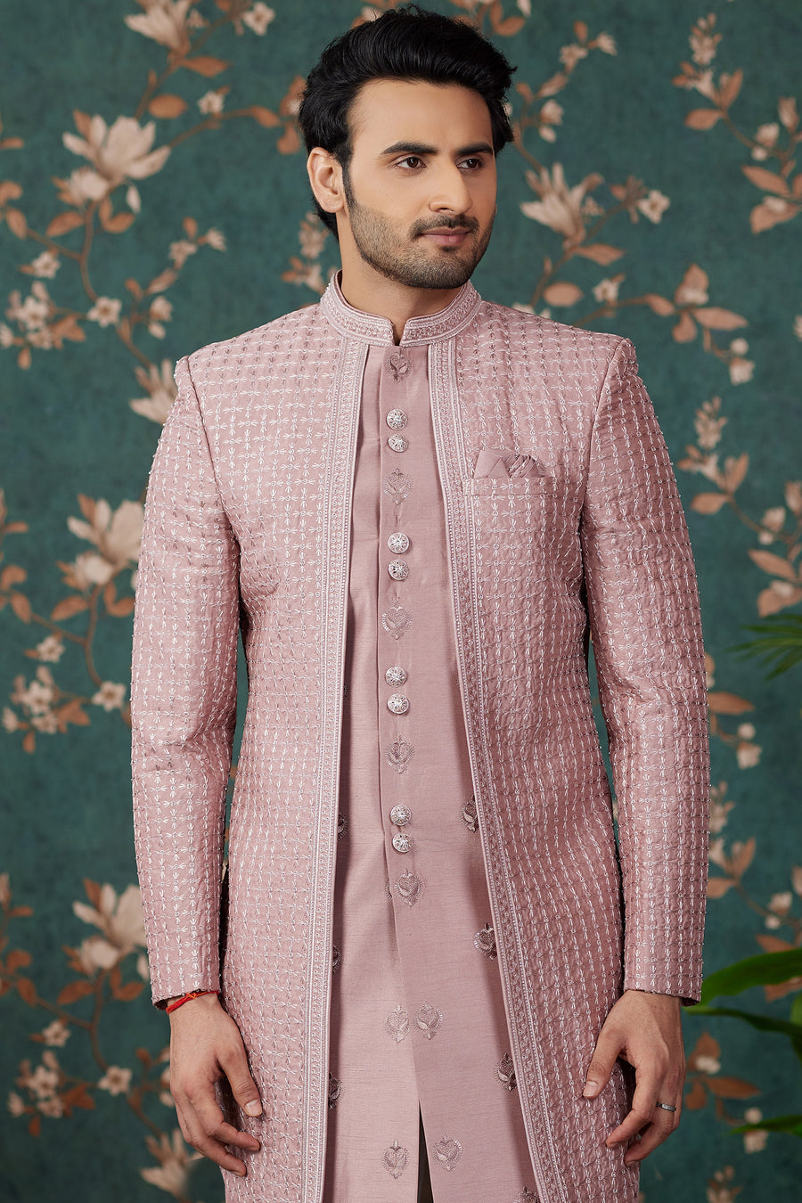 Pink Art Silk Traditional Sherwani Long Kurta & Pant for Men for Wedding - Embroidery Work, Bead Work