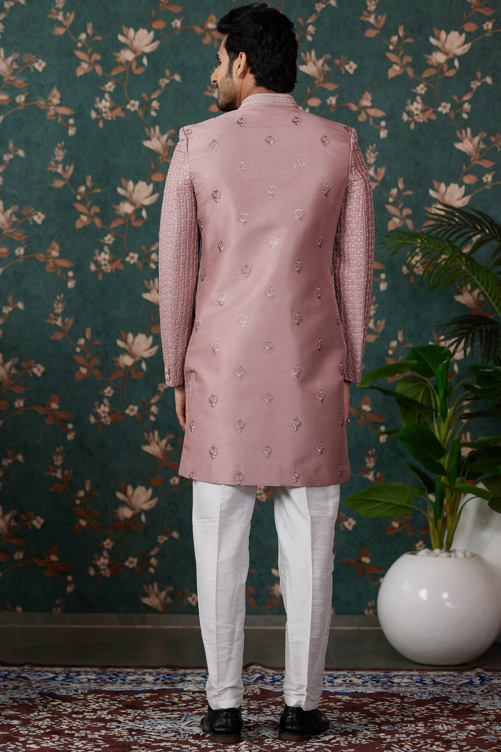 Pink Art Silk Traditional Sherwani Long Kurta & Pant for Men for Wedding - Embroidery Work, Bead Work