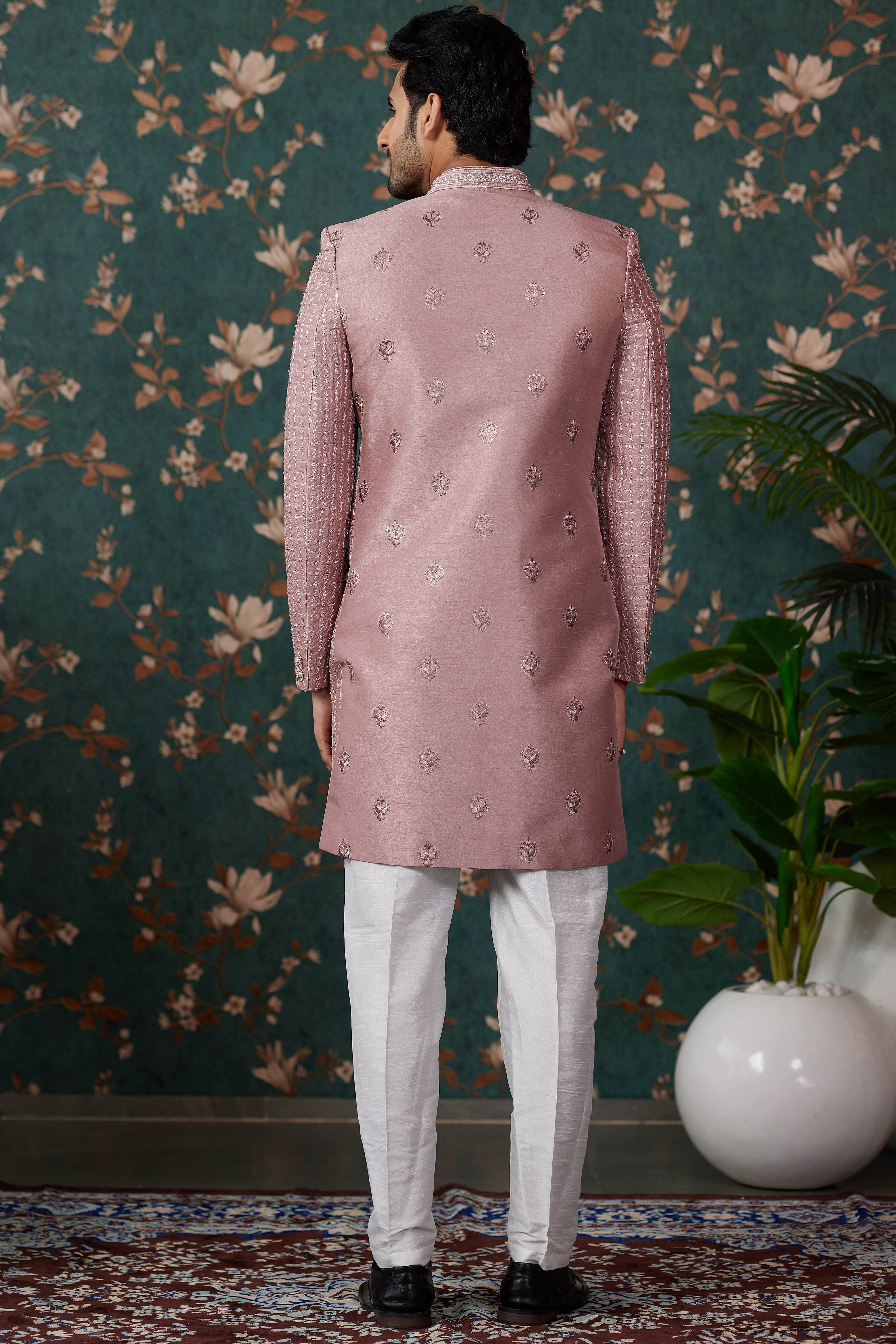 Pink Art Silk Traditional Sherwani Long Kurta & Pant for Men for Wedding - Embroidery Work, Bead Work