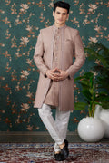 Light Brown Art Silk Traditional Sherwani Long Kurta & Pant for Men for Wedding - Embroidery Work, Bead Work