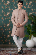 Light Brown Art Silk Traditional Sherwani Long Kurta & Pant for Men for Wedding - Embroidery Work, Bead Work