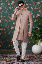 Light Brown Art Silk Traditional Sherwani Long Kurta & Pant for Men for Wedding - Embroidery Work, Bead Work