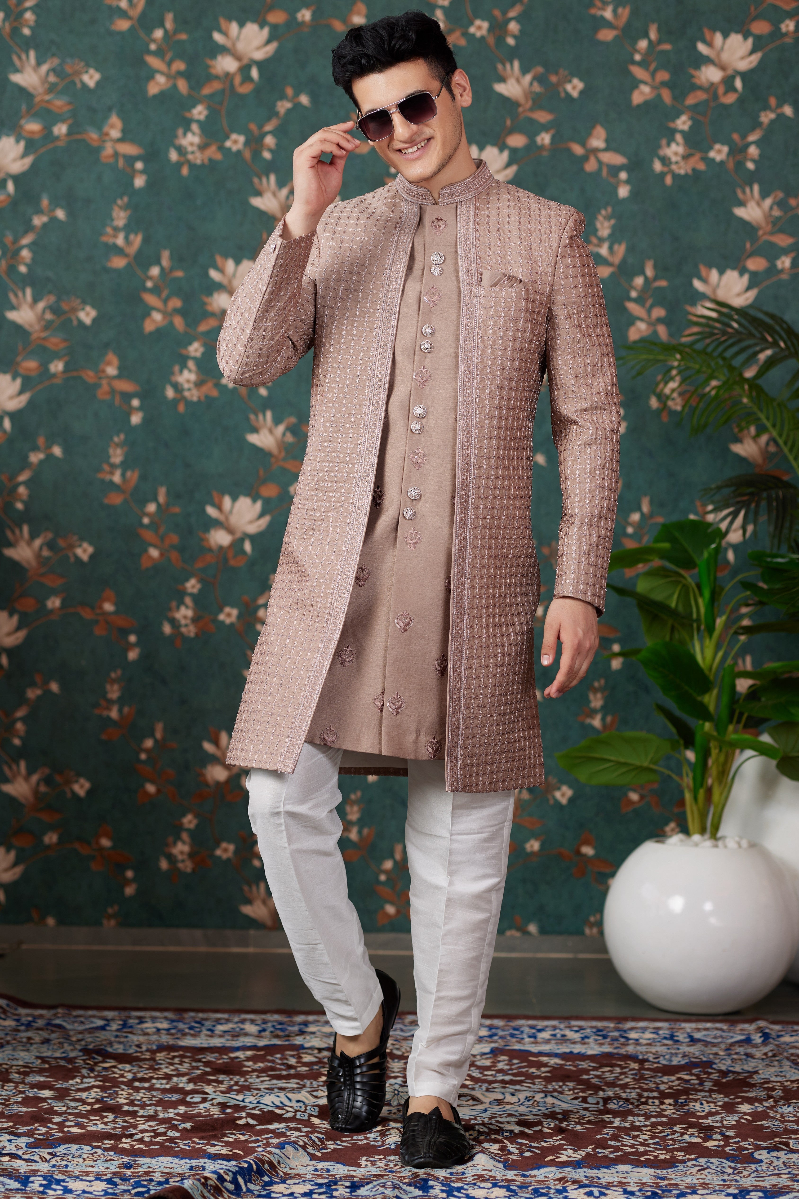 Light Brown Art Silk Traditional Sherwani Long Kurta & Pant for Men for Wedding - Embroidery Work, Bead Work