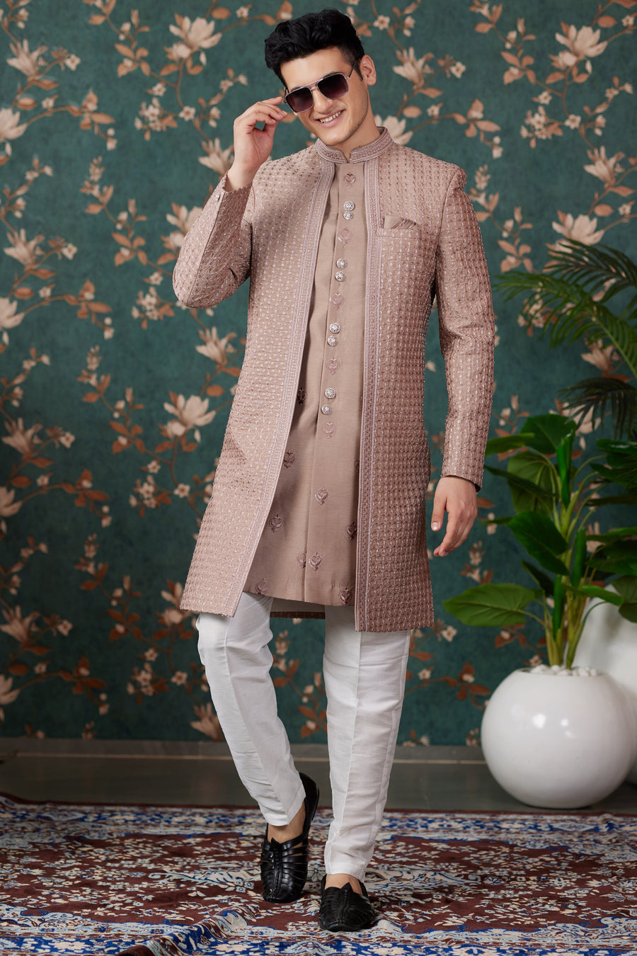 Light Brown Art Silk Traditional Sherwani Long Kurta & Pant for Men for Wedding - Embroidery Work, Bead Work