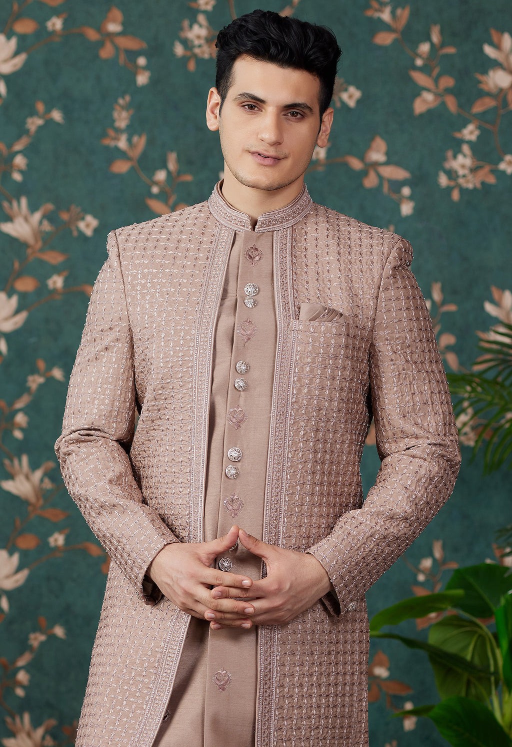 Light Brown Art Silk Traditional Sherwani Long Kurta & Pant for Men for Wedding - Embroidery Work, Bead Work