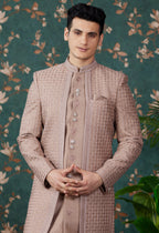 Light Brown Art Silk Traditional Sherwani Long Kurta & Pant for Men for Wedding - Embroidery Work, Bead Work