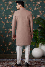 Light Brown Art Silk Traditional Sherwani Long Kurta & Pant for Men for Wedding - Embroidery Work, Bead Work