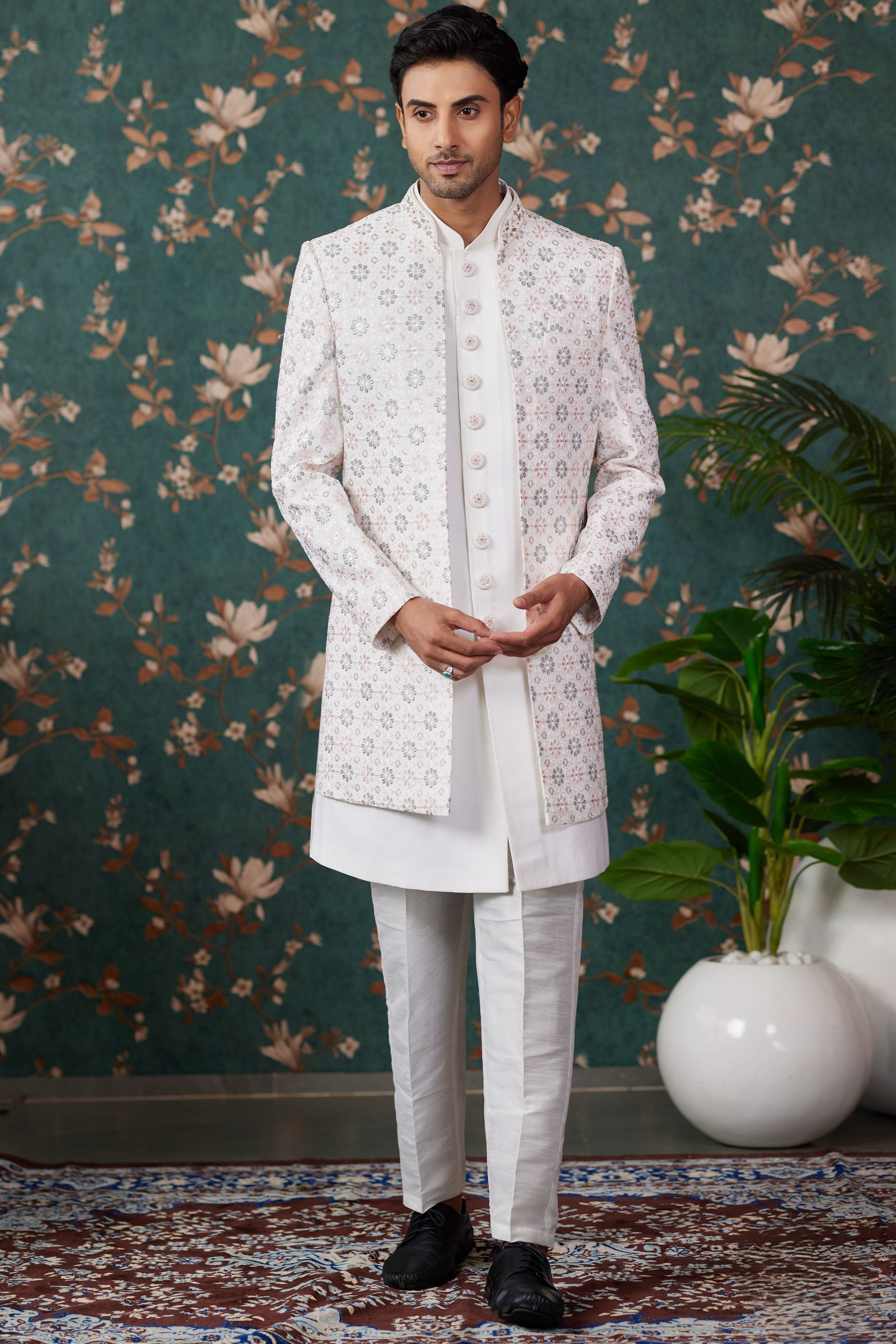 Cream Art Silk Traditional Sherwani Long Kurta & Pant for Men for Wedding - Embroidery Work