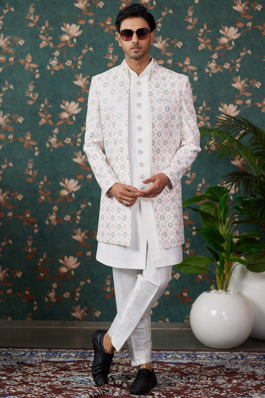Cream Art Silk Traditional Sherwani Long Kurta & Pant for Men for Wedding - Embroidery Work