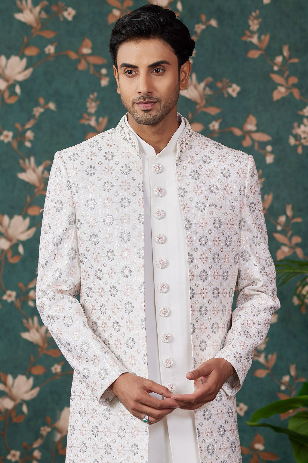 Cream Art Silk Traditional Sherwani Long Kurta & Pant for Men for Wedding - Embroidery Work