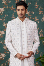 Cream Art Silk Traditional Sherwani Long Kurta & Pant for Men for Wedding - Embroidery Work
