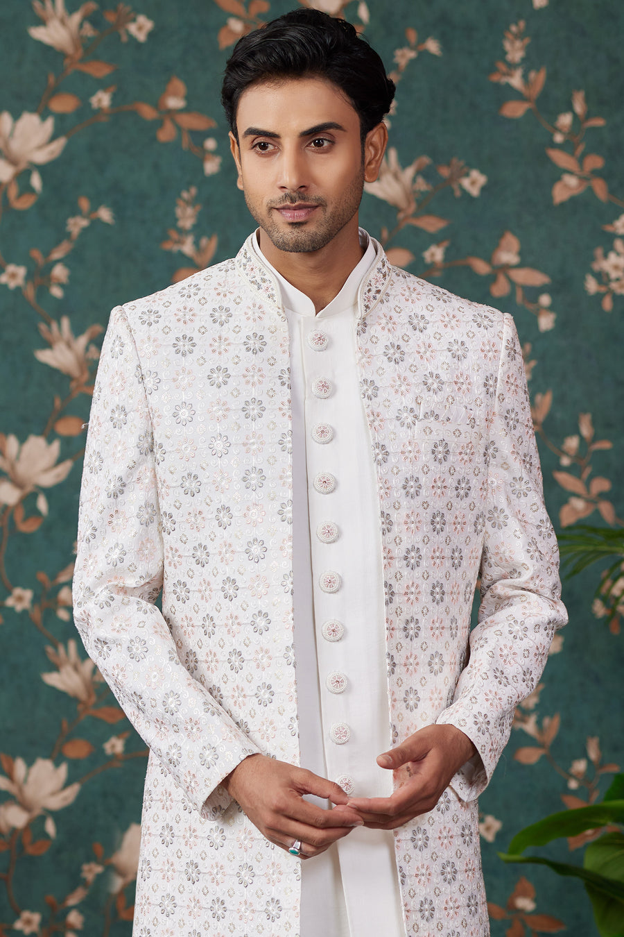 Cream Art Silk Traditional Sherwani Long Kurta & Pant for Men for Wedding - Embroidery Work