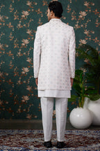 Cream Art Silk Traditional Sherwani Long Kurta & Pant for Men for Wedding - Embroidery Work