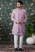 Light Purple Art Silk Traditional Sherwani Long Kurta & Pant for Men for Wedding - Embroidery Work