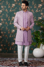 Light Purple Art Silk Traditional Sherwani Long Kurta & Pant for Men for Wedding - Embroidery Work