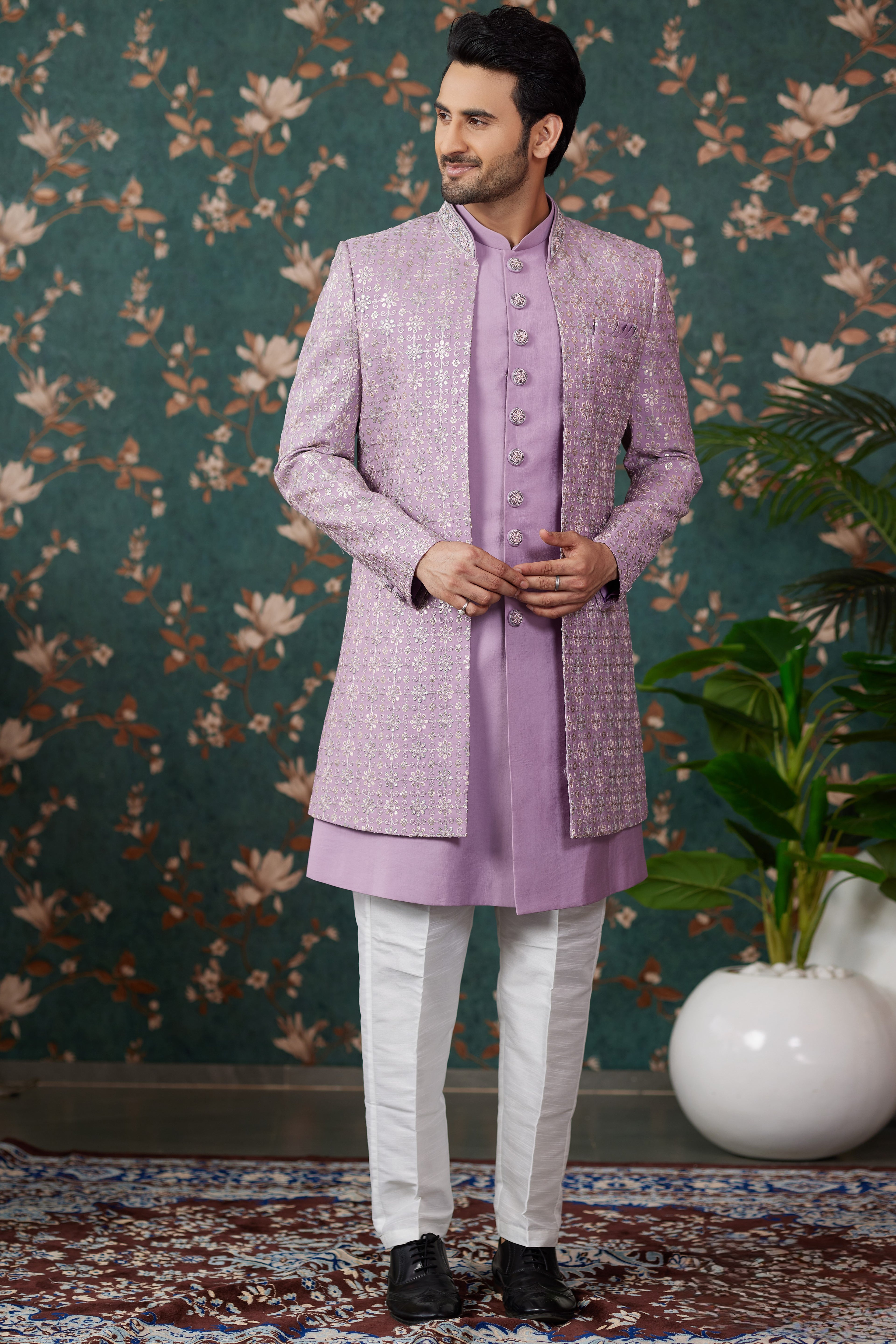 Light Purple Art Silk Traditional Sherwani Long Kurta & Pant for Men for Wedding - Embroidery Work