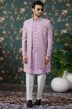 Light Purple Art Silk Traditional Sherwani Long Kurta & Pant for Men for Wedding - Embroidery Work