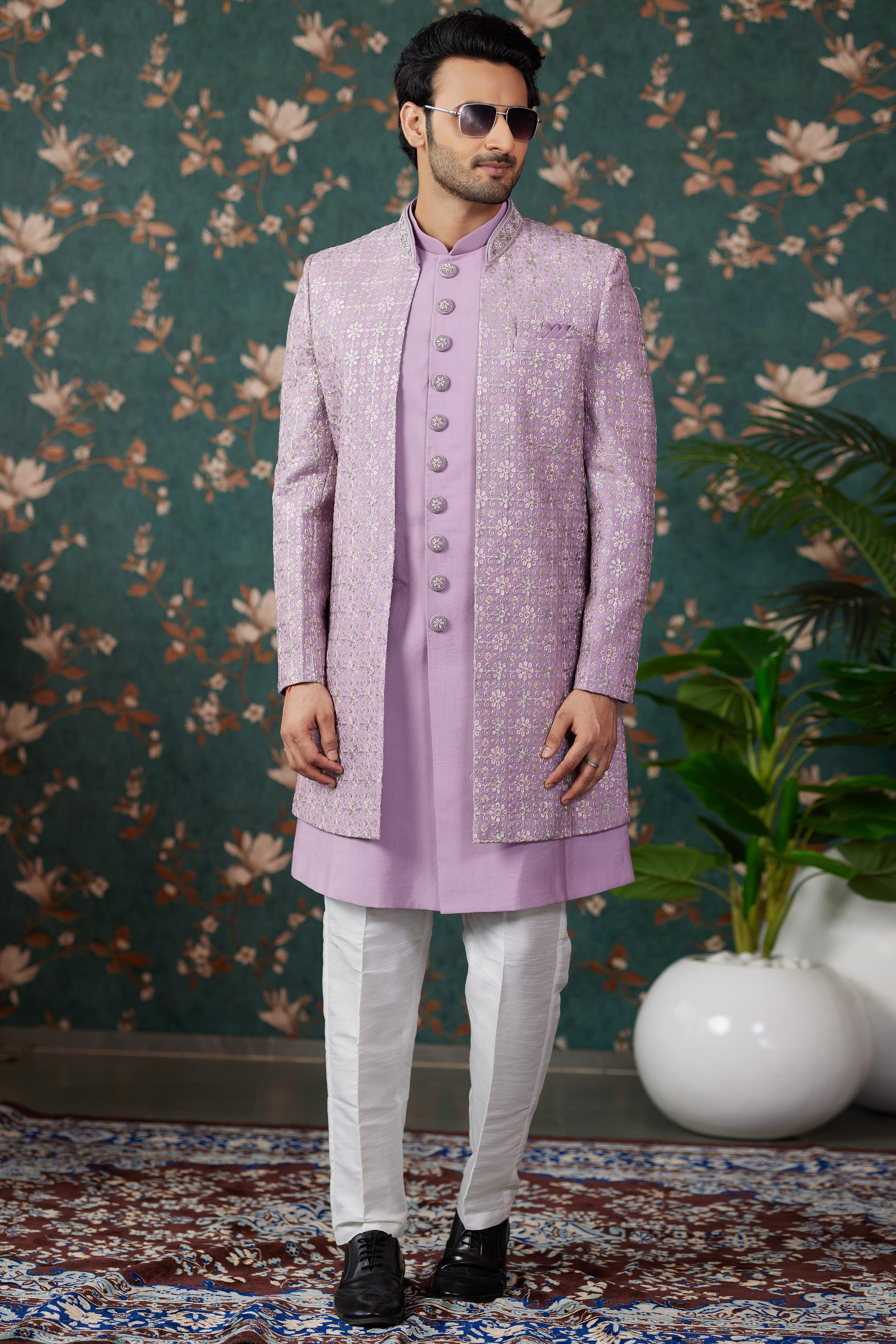 Light Purple Art Silk Traditional Sherwani Long Kurta & Pant for Men for Wedding - Embroidery Work