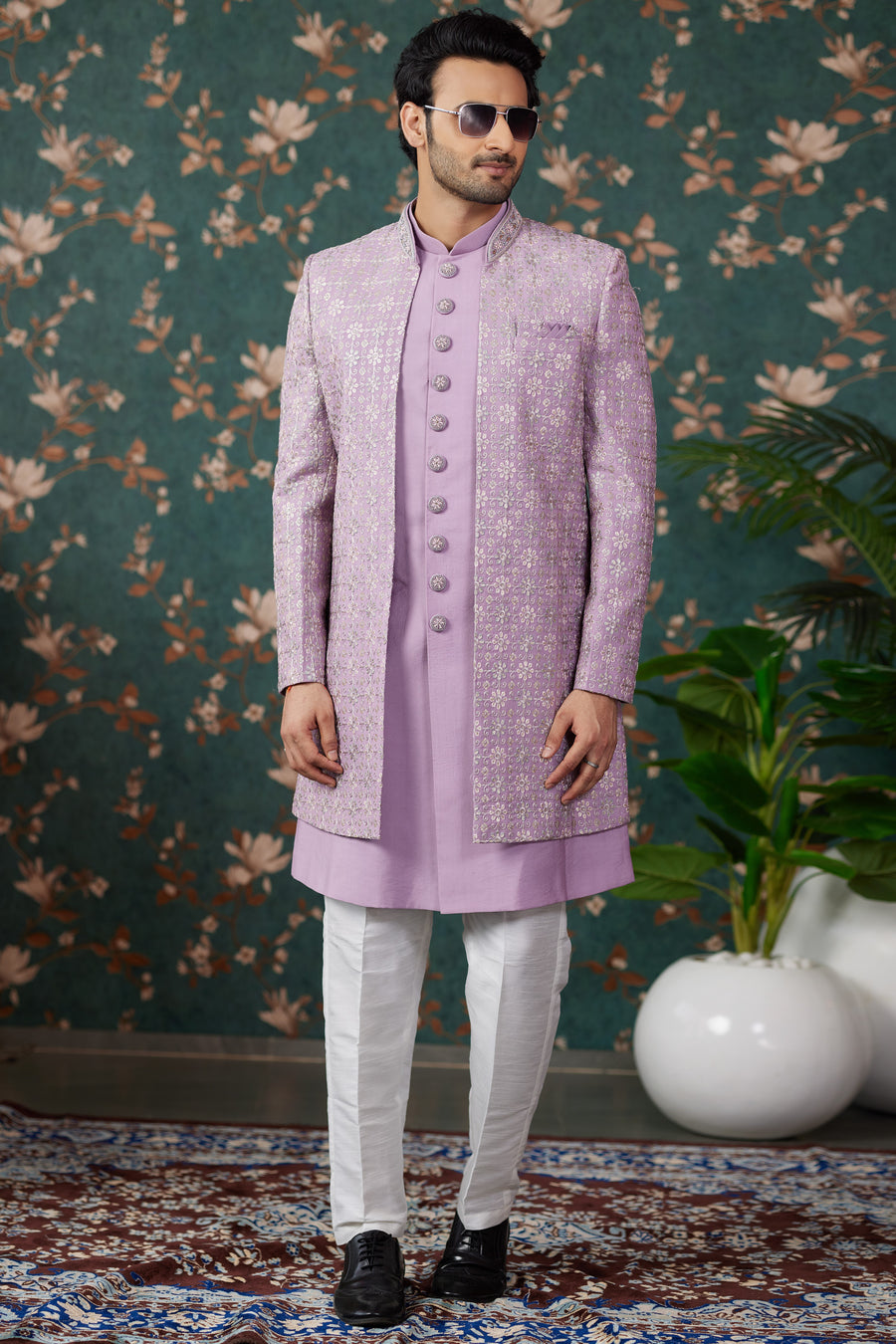 Light Purple Art Silk Traditional Sherwani Long Kurta & Pant for Men for Wedding - Embroidery Work