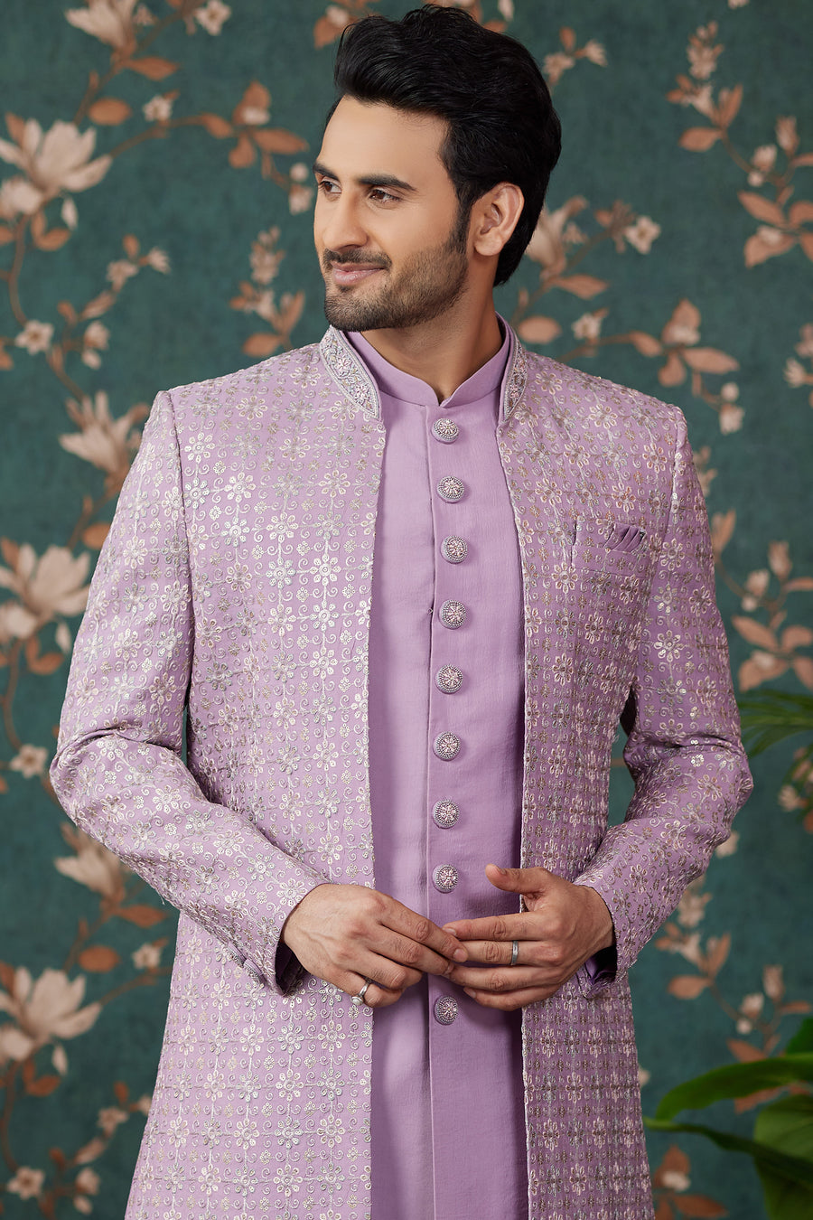 Light Purple Art Silk Traditional Sherwani Long Kurta & Pant for Men for Wedding - Embroidery Work