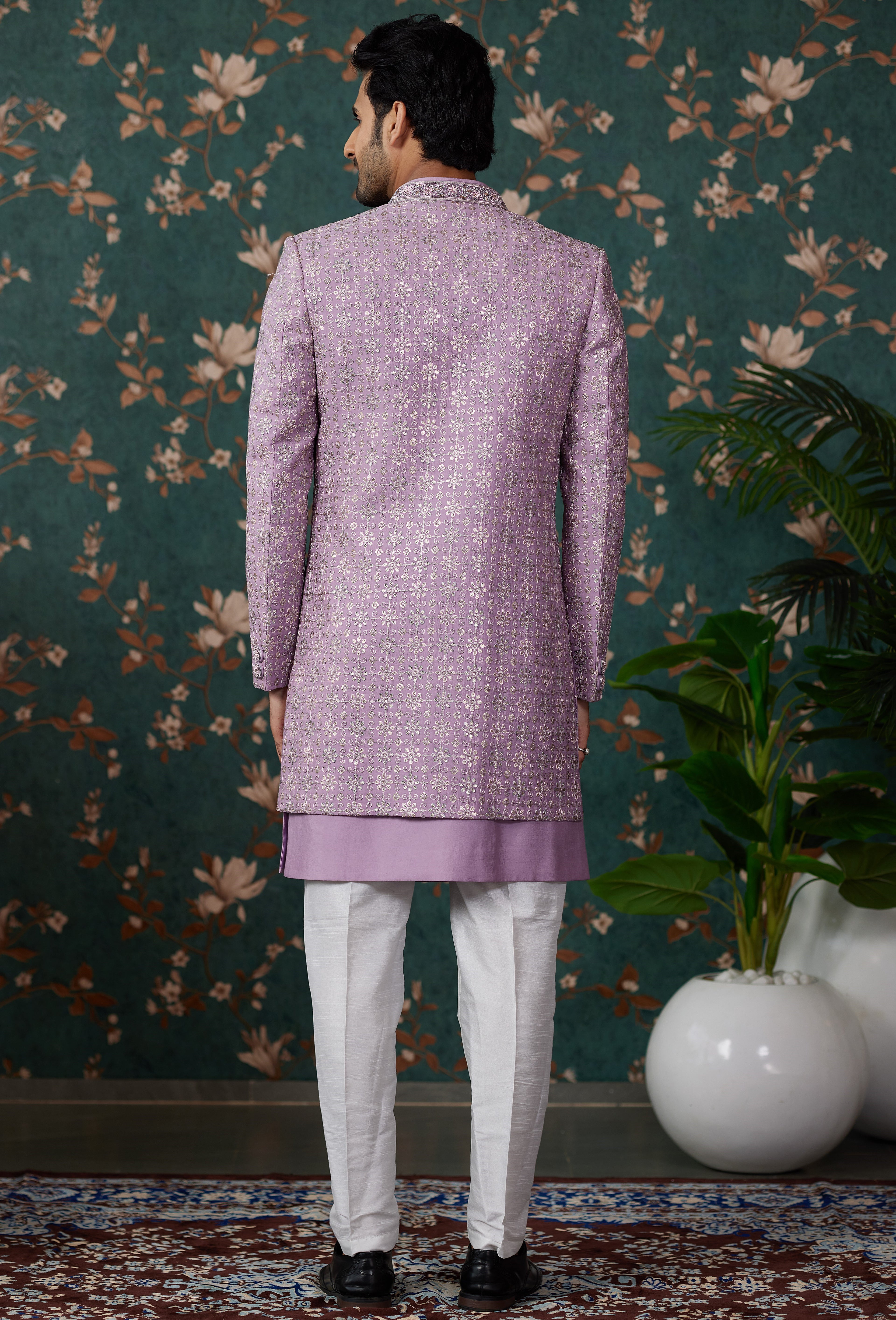 Light Purple Art Silk Traditional Sherwani Long Kurta & Pant for Men for Wedding - Embroidery Work
