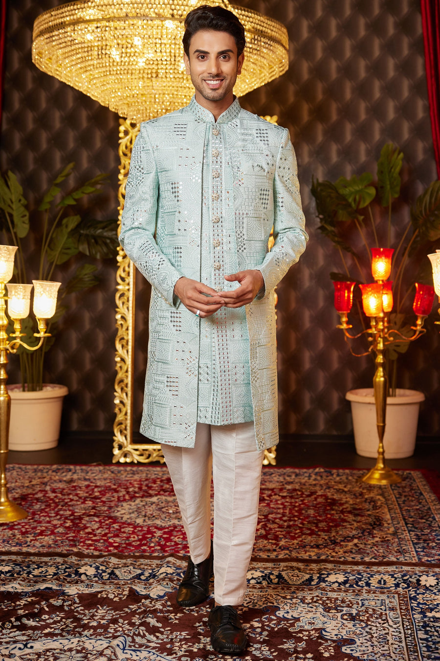 Light Green Art Silk Traditional Indo Western Sherwani Long Kurta & Pant for Men for Wedding - Embroidery Work