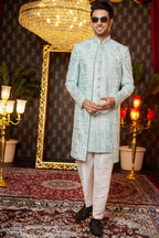 Light Green Art Silk Traditional Indo Western Sherwani Long Kurta & Pant for Men for Wedding - Embroidery Work