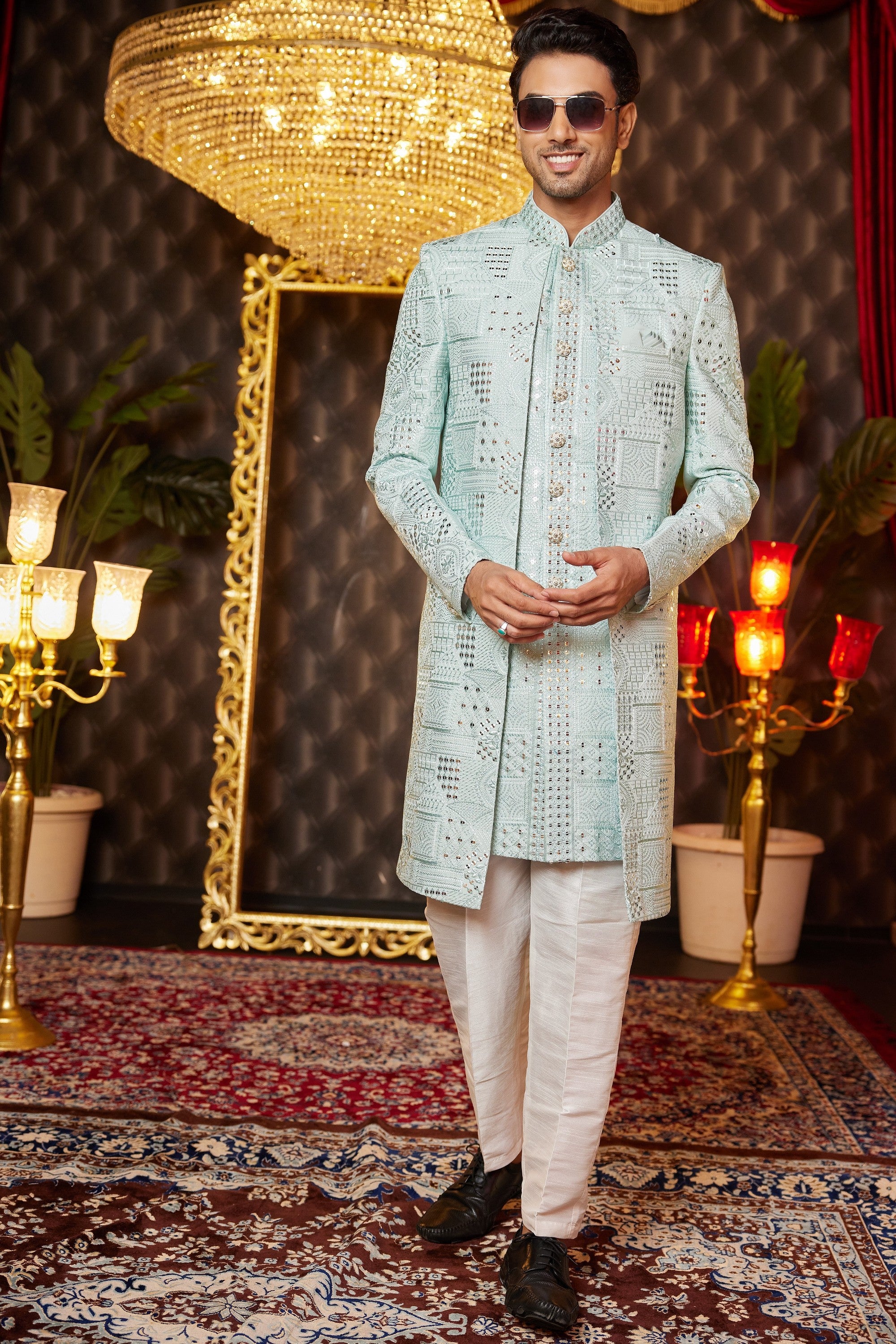 Light Green Art Silk Traditional Indo Western Sherwani Long Kurta & Pant for Men for Wedding - Embroidery Work