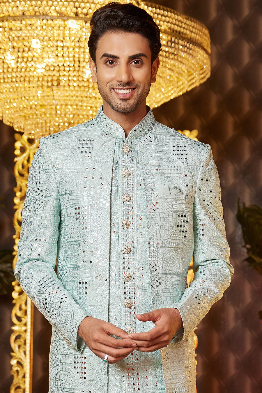 Light Green Art Silk Traditional Indo Western Sherwani Long Kurta & Pant for Men for Wedding - Embroidery Work