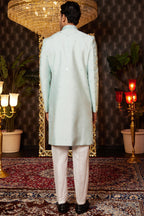 Light Green Art Silk Traditional Indo Western Sherwani Long Kurta & Pant for Men for Wedding - Embroidery Work