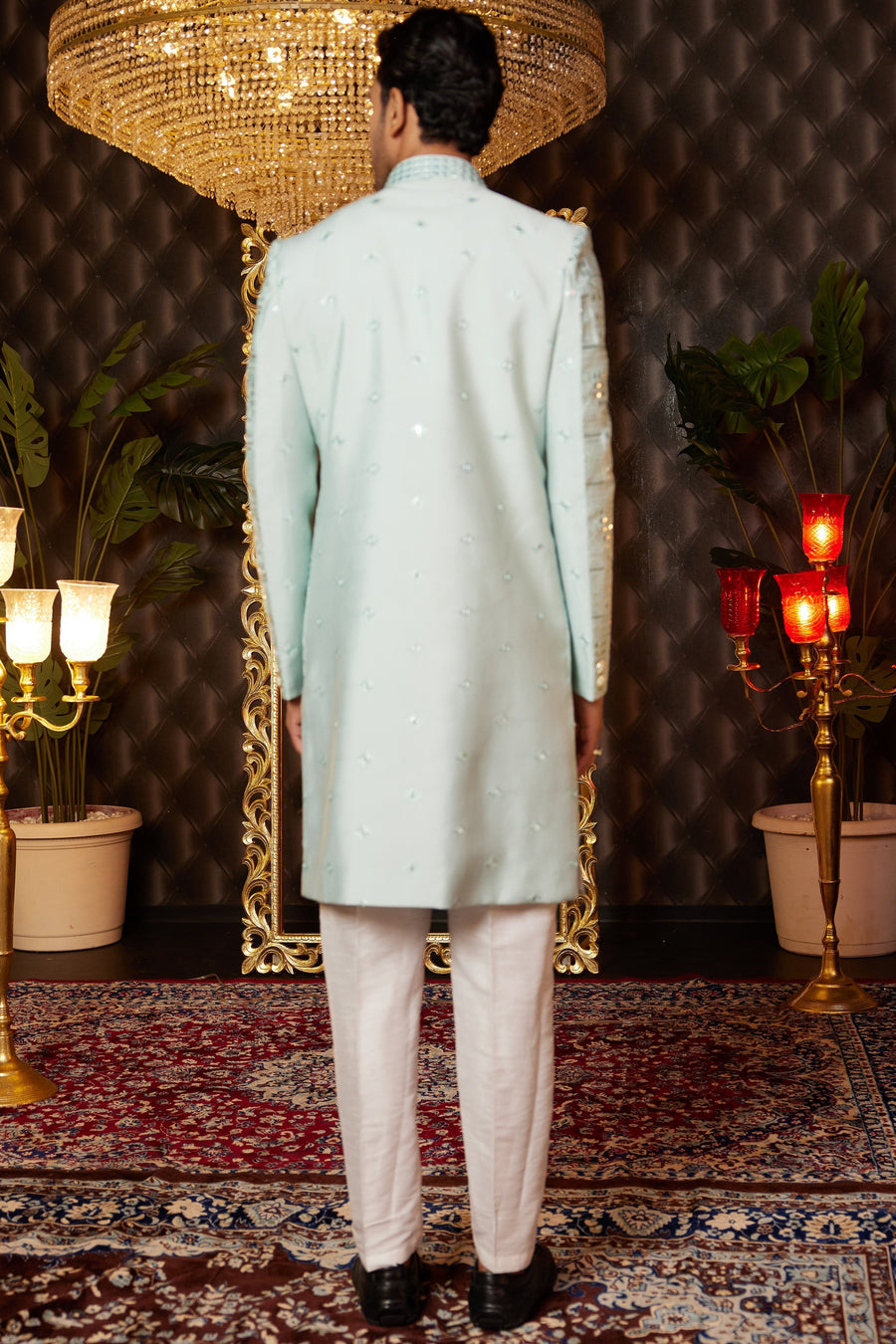 Light Green Art Silk Traditional Indo Western Sherwani Long Kurta & Pant for Men for Wedding - Embroidery Work