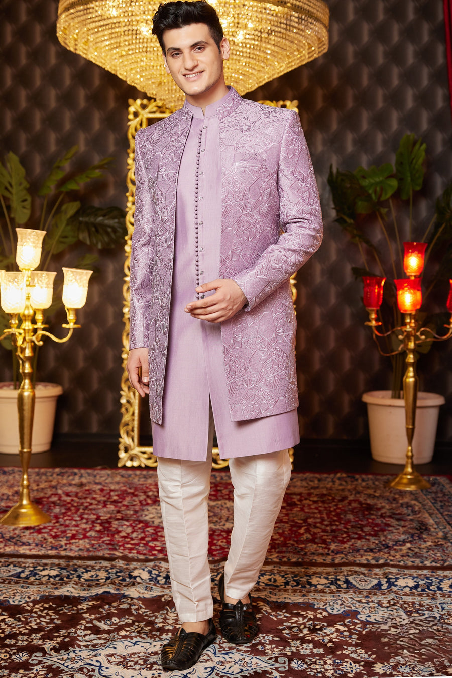 Light Purple Art Silk Traditional Indo Western Sherwani Long Kurta & Pant for Men for Wedding - Embroidery Work