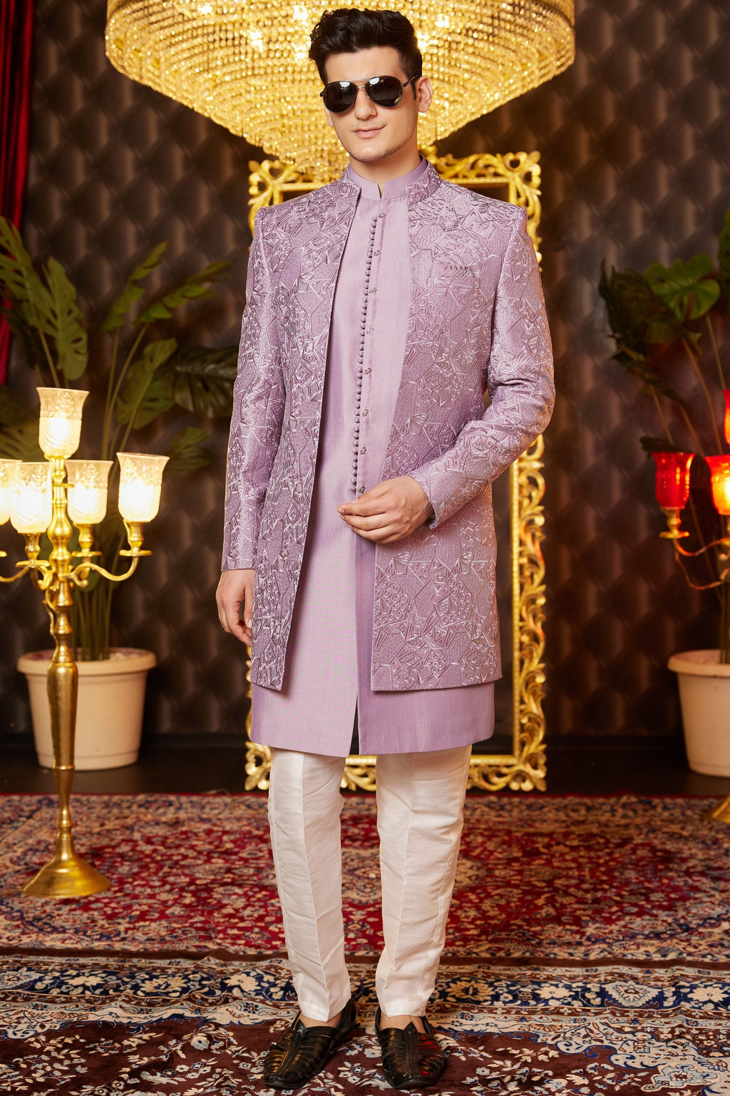 Light Purple Art Silk Traditional Indo Western Sherwani Long Kurta & Pant for Men for Wedding - Embroidery Work