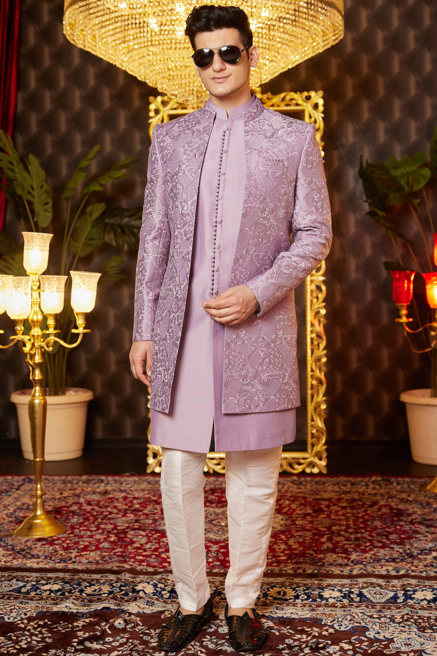 Light Purple Art Silk Traditional Indo Western Sherwani Long Kurta & Pant for Men for Wedding - Embroidery Work