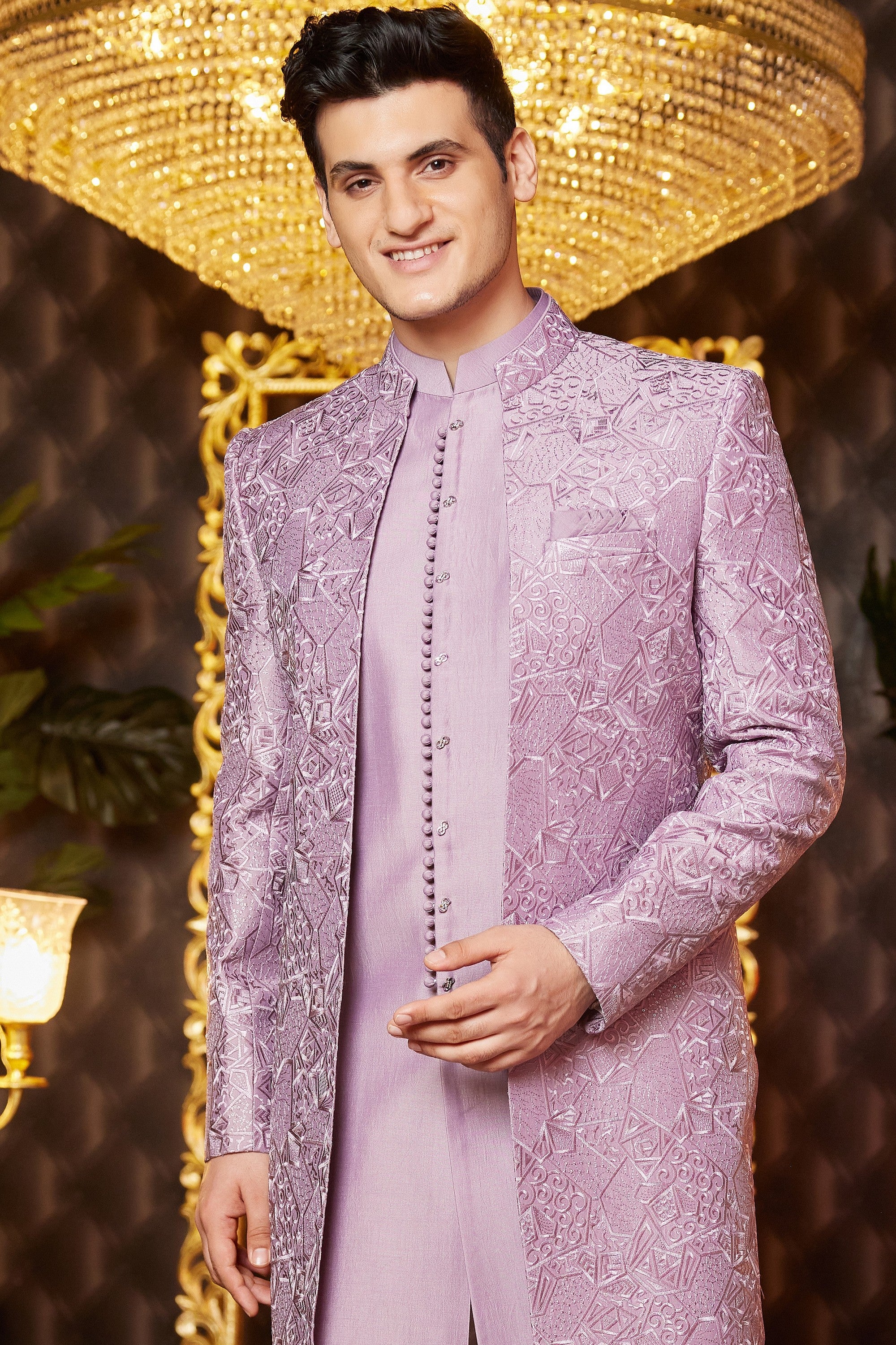 Light Purple Art Silk Traditional Indo Western Sherwani Long Kurta & Pant for Men for Wedding - Embroidery Work