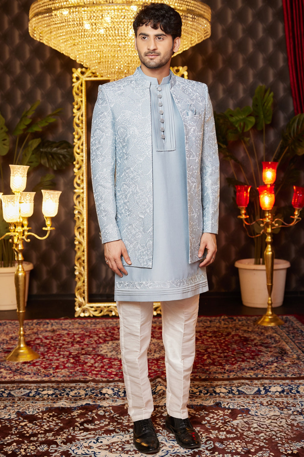 Bluish Gray Art Silk Traditional Indo Western Sherwani Long Kurta & Pant for Men for Wedding - Embroidery Work