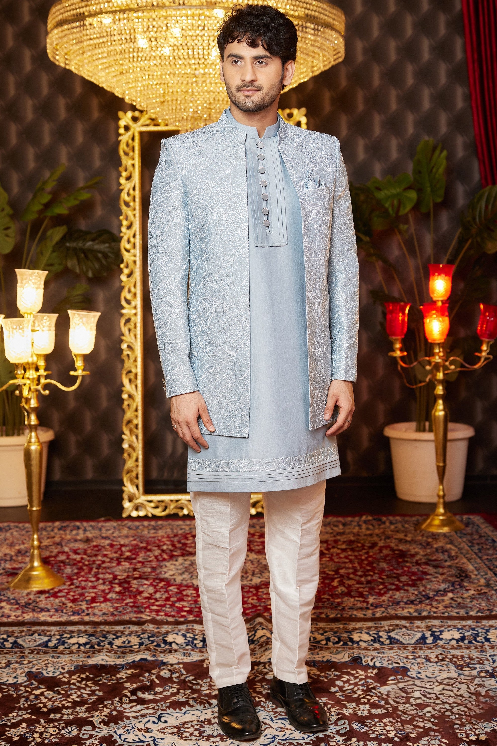 Bluish Gray Art Silk Traditional Indo Western Sherwani Long Kurta & Pant for Men for Wedding - Embroidery Work