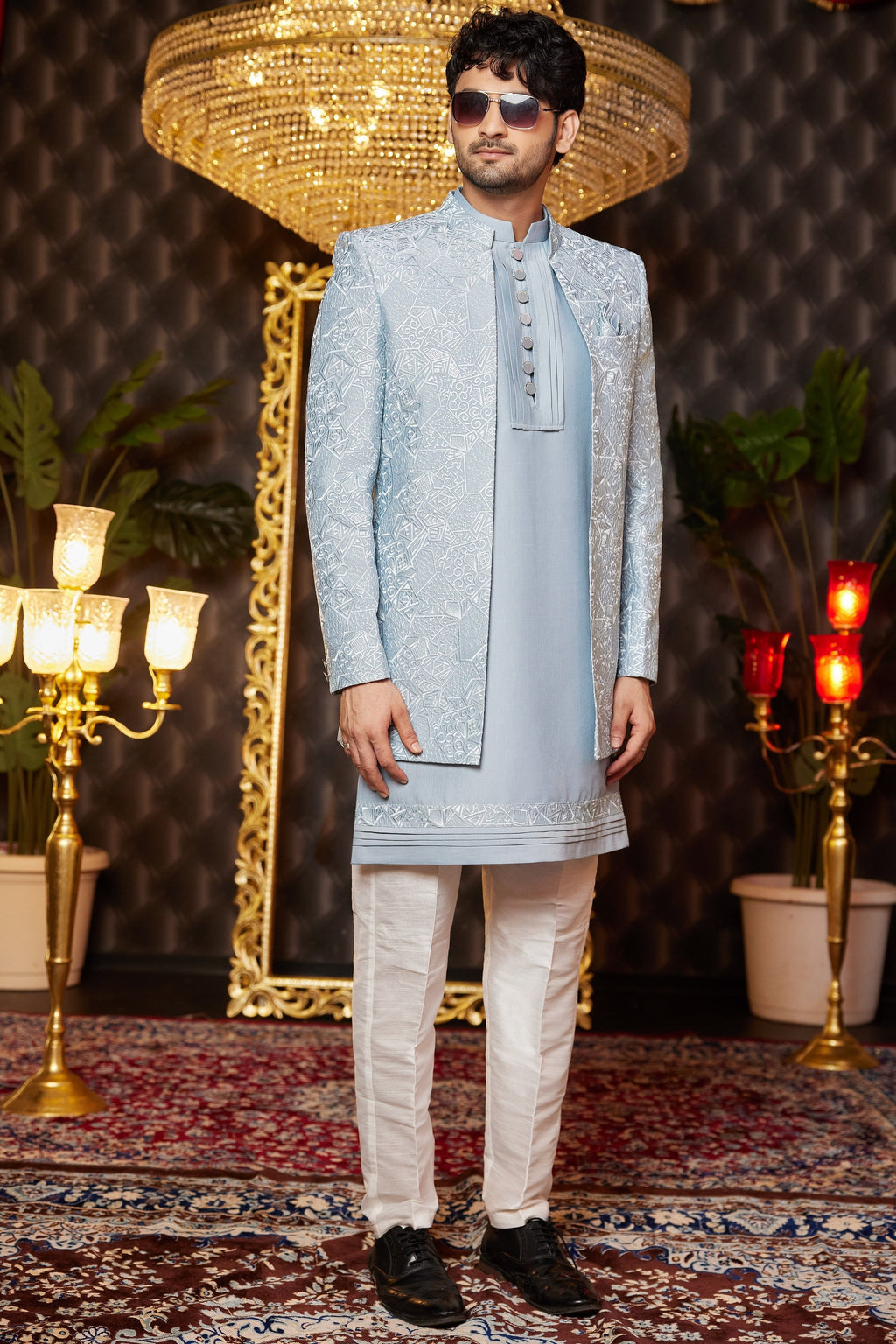 Bluish Gray Art Silk Traditional Indo Western Sherwani Long Kurta & Pant for Men for Wedding - Embroidery Work