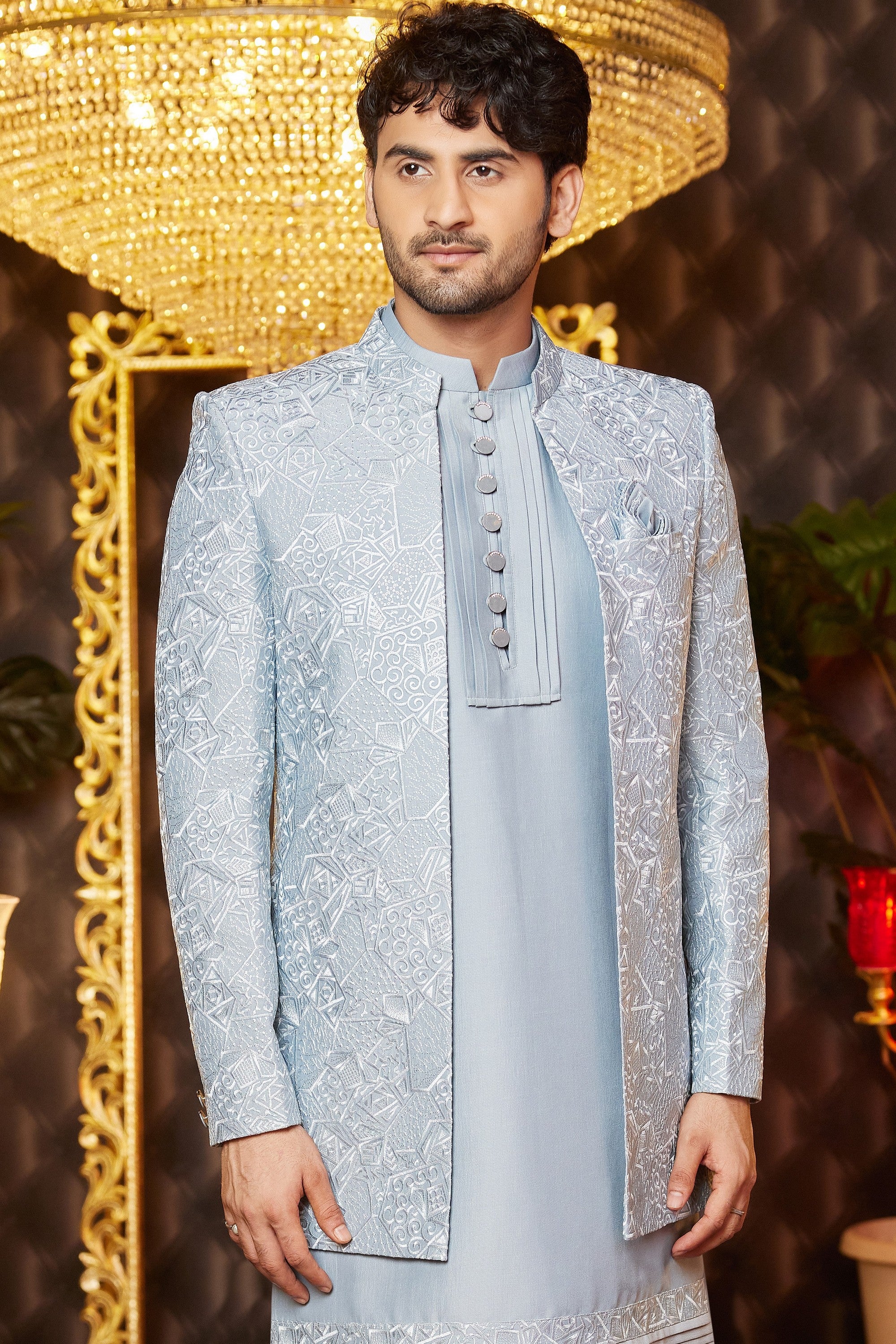 Bluish Gray Art Silk Traditional Indo Western Sherwani Long Kurta & Pant for Men for Wedding - Embroidery Work