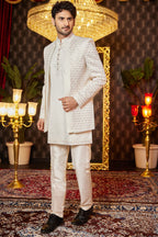 Cream Art Silk Traditional Indo Western Sherwani Long Kurta & Pant for Men for Wedding - Embroidery Work