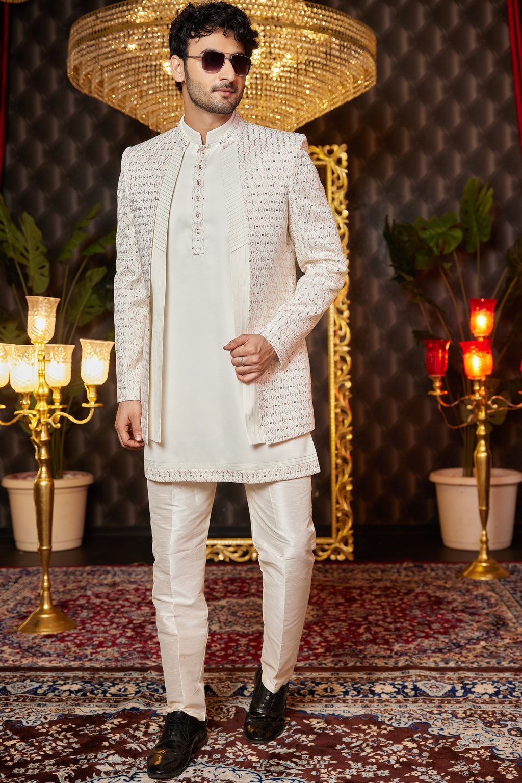 Cream Art Silk Traditional Indo Western Sherwani Long Kurta & Pant for Men for Wedding - Embroidery Work