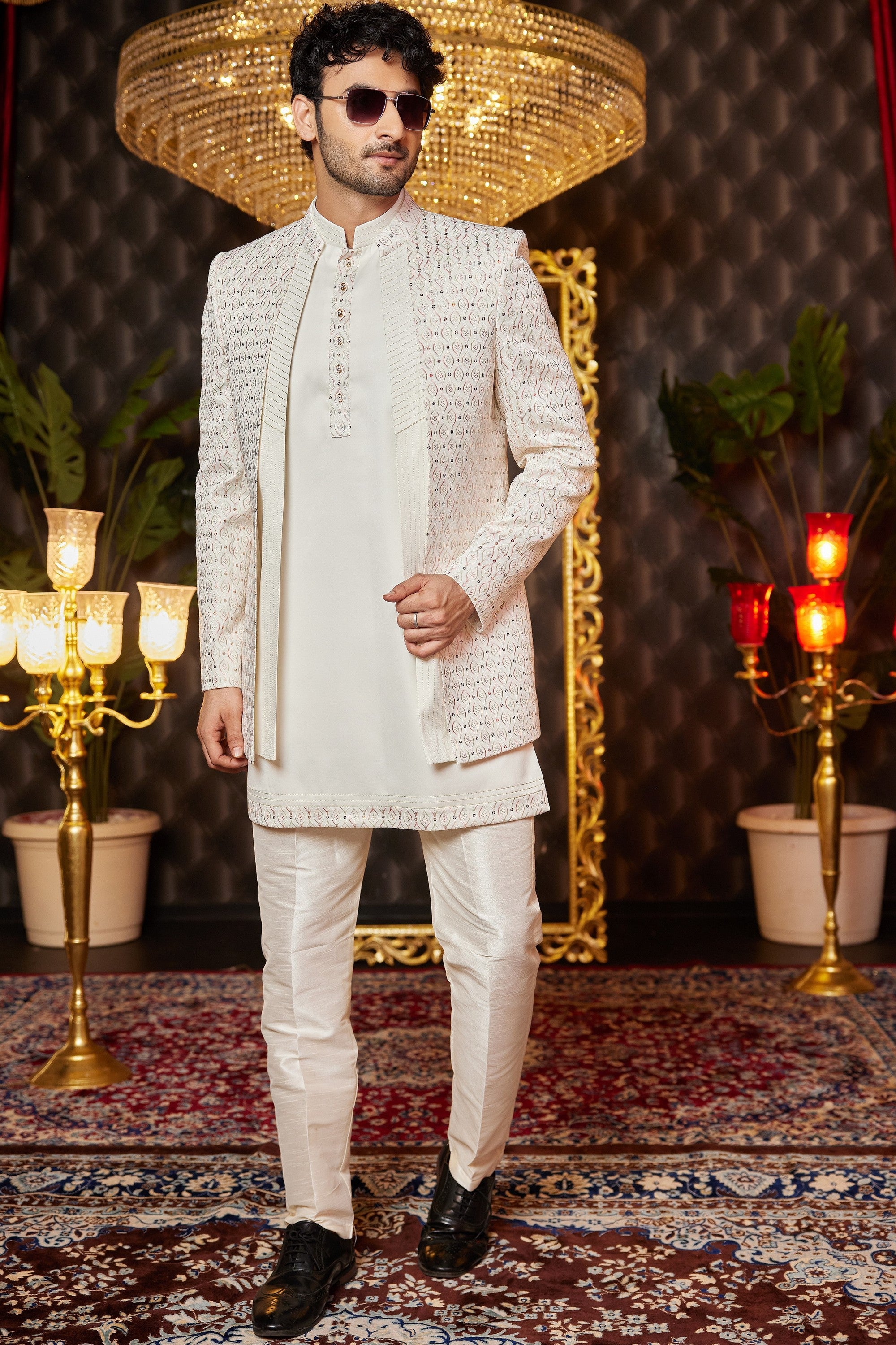 Cream Art Silk Traditional Indo Western Sherwani Long Kurta & Pant for Men for Wedding - Embroidery Work