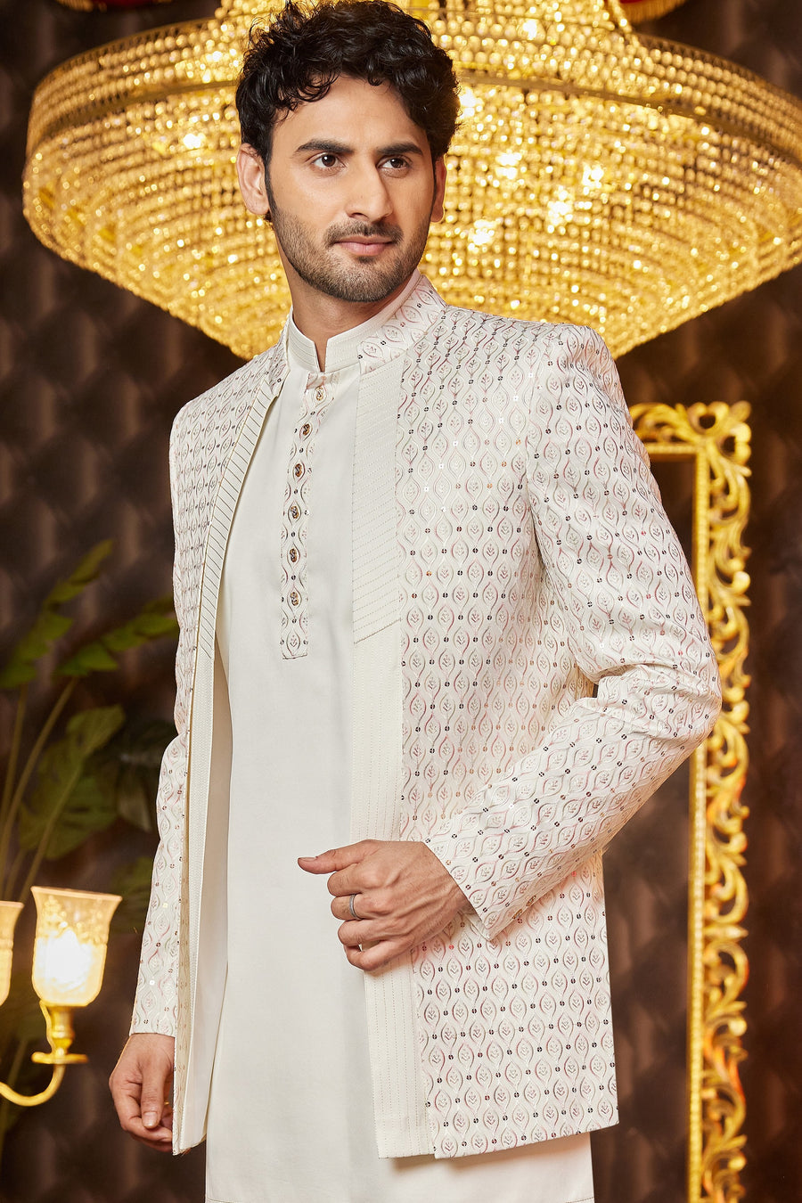 Cream Art Silk Traditional Indo Western Sherwani Long Kurta & Pant for Men for Wedding - Embroidery Work