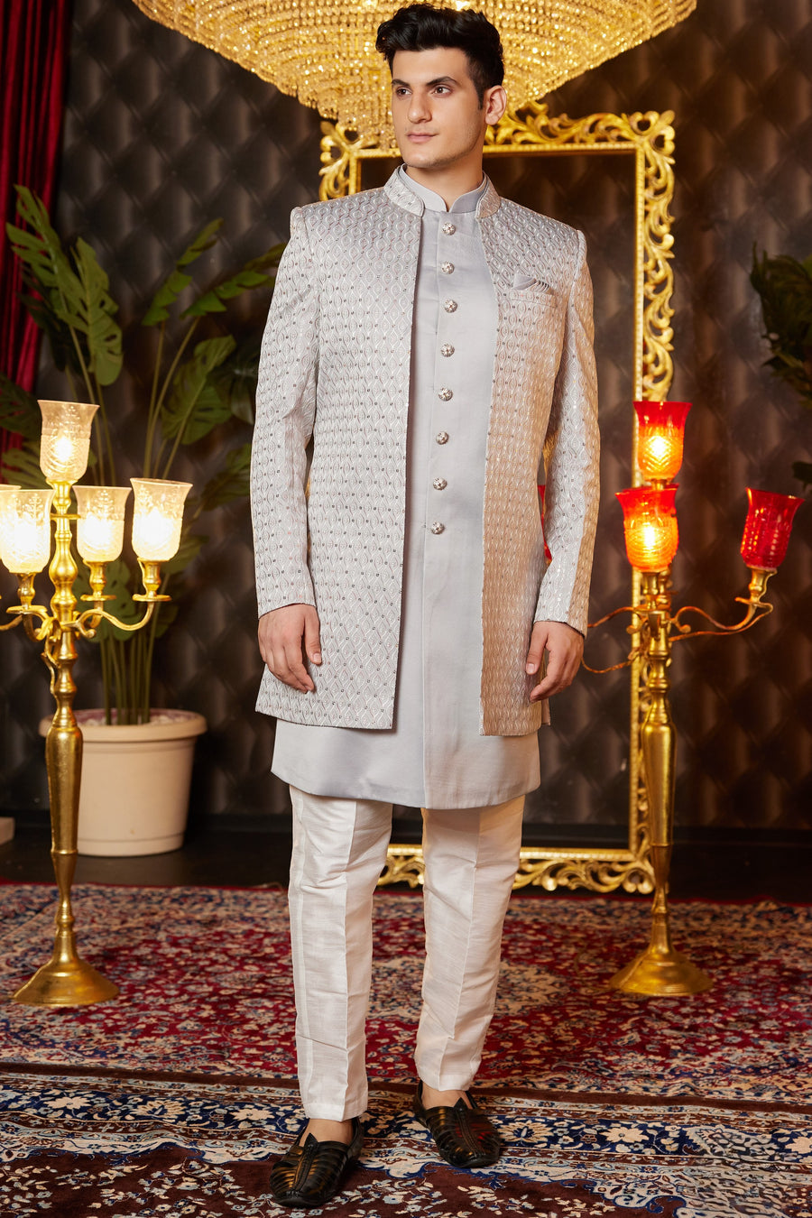 Light Gray Art Silk Traditional Indo Western Sherwani Long Kurta & Pant for Men for Wedding - Embroidery Work
