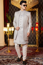 Light Gray Art Silk Traditional Indo Western Sherwani Long Kurta & Pant for Men for Wedding - Embroidery Work
