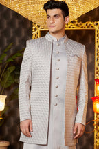 Light Gray Art Silk Traditional Indo Western Sherwani Long Kurta & Pant for Men for Wedding - Embroidery Work