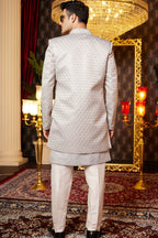 Light Gray Art Silk Traditional Indo Western Sherwani Long Kurta & Pant for Men for Wedding - Embroidery Work