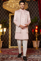 Pink Art Silk Traditional Indo Western Sherwani Long Kurta & Pant for Men for Wedding - Embroidery Work