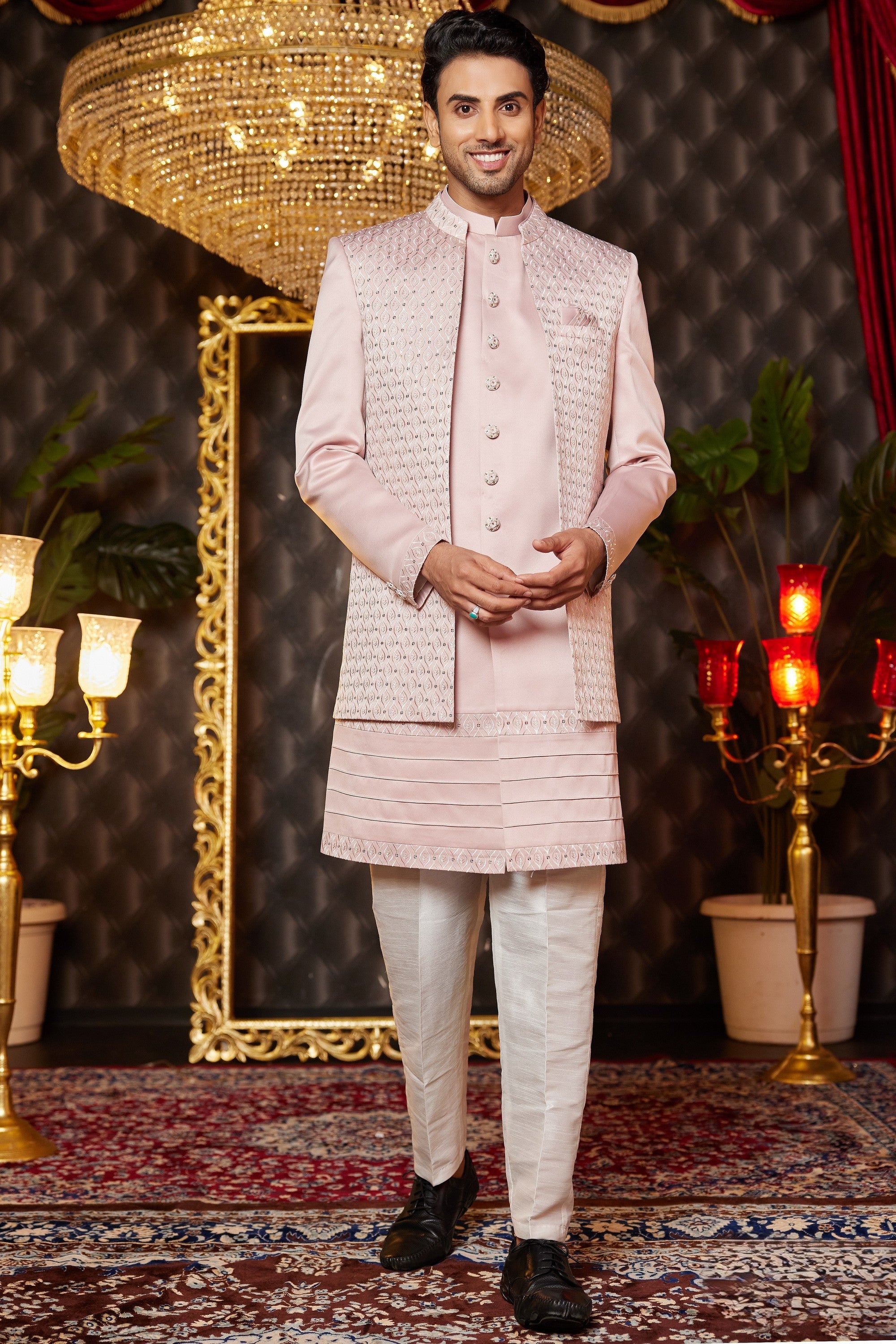 Pink Art Silk Traditional Indo Western Sherwani Long Kurta & Pant for Men for Wedding - Embroidery Work